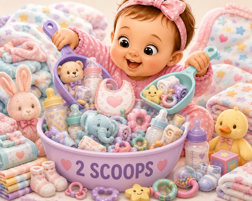 Two Scoops baby gift box with adorable baby and baby essentials