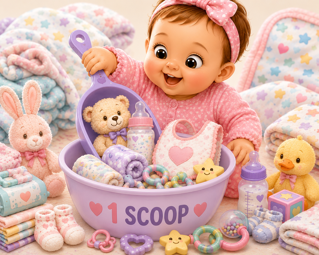 One Scoop baby gift box with adorable baby and baby essentials